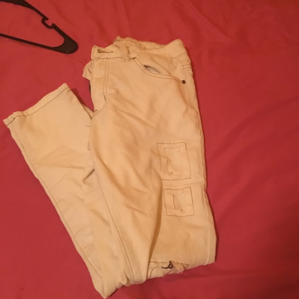 white pants with patches